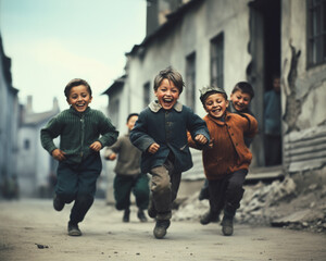 Positive scene with poor kids grew up in poverty. Happy childhood. Childrens play outside.
