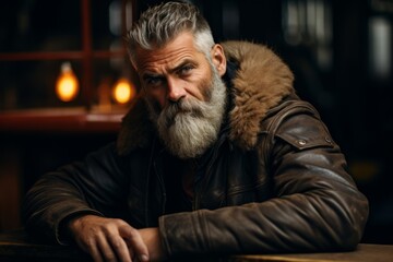 Portrait of a bearded man in a leather jacket sitting in a cafe.