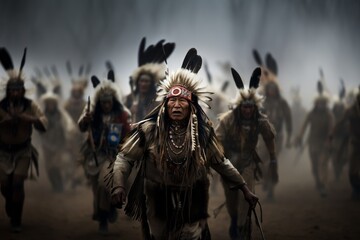 Native Americans warriors performing traditional war dances, illustrating their cultural significance and skill. - obrazy, fototapety, plakaty