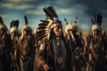 Native Americans warriors performing traditional war dances, illustrating their cultural significance and skill. - obrazy, fototapety, plakaty