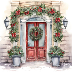 Fototapeta na wymiar Door decoration, Christmas card poster banner, watercolour 