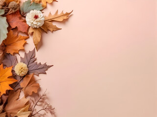 autumnal leaves and flowers medley on a pastel background, top view, copyspace