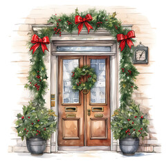 Fototapeta na wymiar Door decoration, Christmas card poster banner, watercolour 