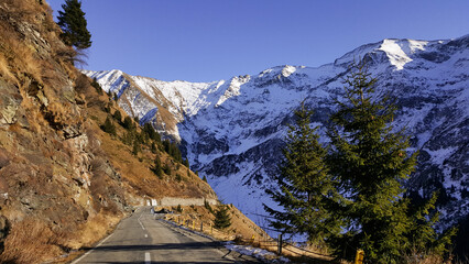 Transfagarasan on a beautiful December day. The most spectacular road in the world crosses the rocky mountains