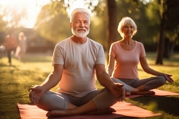 Senior family couple sitting in lotus pose in park. AI Generated