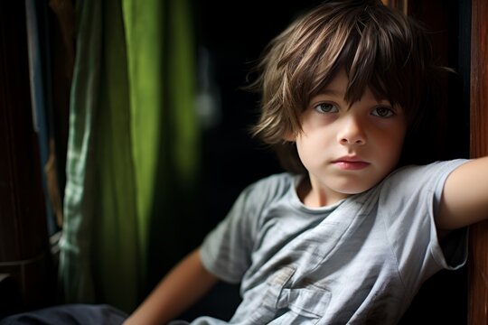 Portrait of a cute little boy looking out the window at home