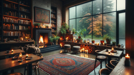 A cottage in the forest. Firewood is burning in the fireplace. You can see the rainy forest through the big windows. Cozy time.