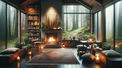 A cottage in the forest. Firewood is burning in the fireplace. You can see the rainy forest through the big windows. Cozy time.