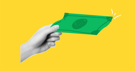 hand hold money elements for collages. Halftone effect. Retro illustration on business theme with doodles dollars. Isolated On yellow background as trendy png.