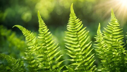 Beautiful natural background border with fresh juicy light green foliage of fern in sunlight in spring summer and defocused bokeh outdoors in nature, panorama, copy space.