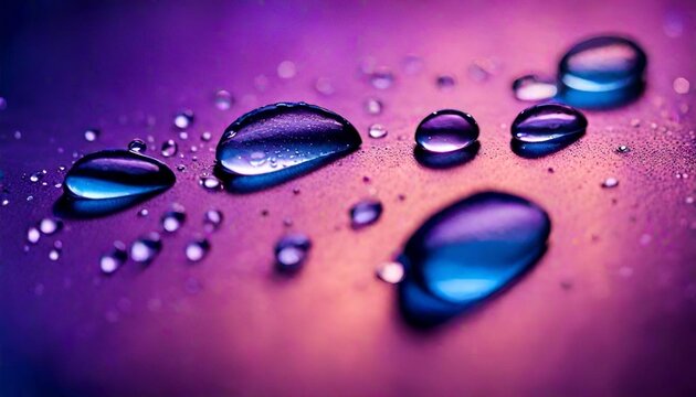 Beautiful transparent drops of rain water on a feather on a blue and violet background, macro, copy space. Bright colorful artistic image of nature.1