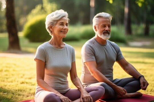 Senior family couple sitting in lotus pose in park. AI Generated