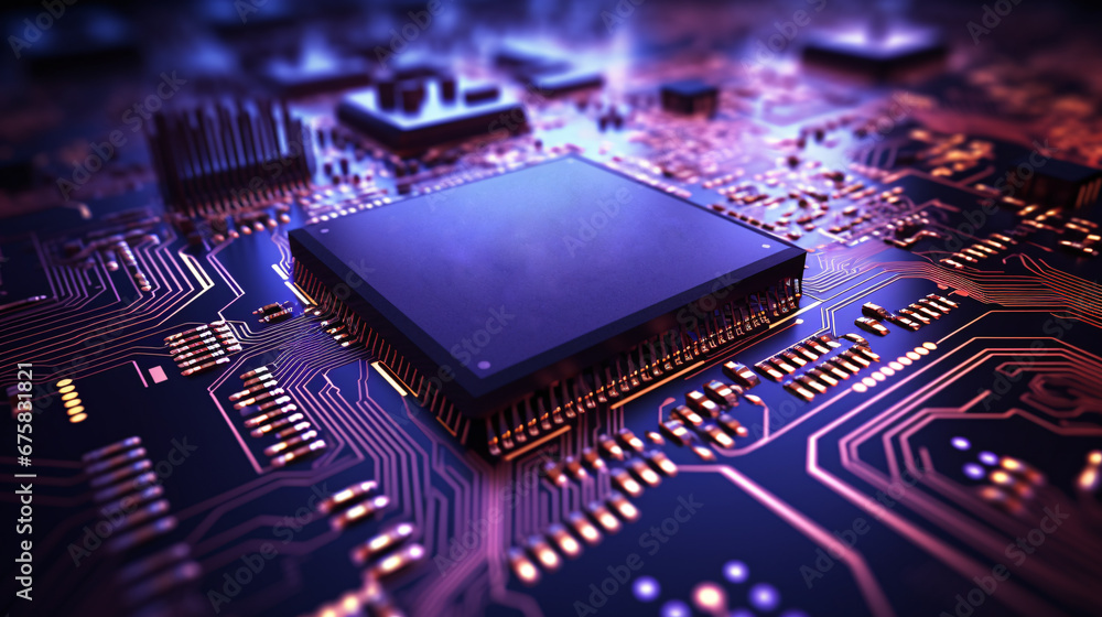 Poster digital circuit board microprocessor motherboard computer hardware neon purple and blue glowing ligh