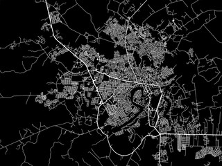 Vector road map of the city of Rio Branco in Brazil with white roads on a black background.