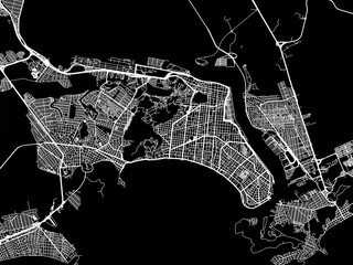 Vector road map of the city of Santos in Brazil with white roads on a black background.