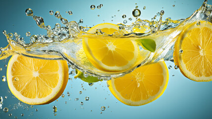 Fresh and juicy lemon slice and splashing water, close up shot, on blue background, beverage advertising concept.