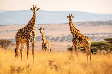 Obraz premium Giraffe family in grassland savanna day time, tallest animal in the world. 