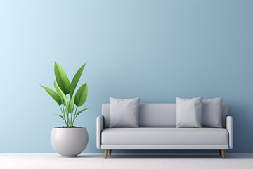 Fototapeta na wymiar Living room interior design with blue empty wall, gray sofa and indoor plants, minimal scandinavian style.