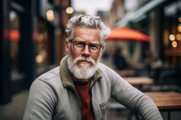 Portrait of senior man with grey beard and eyeglasses in city.