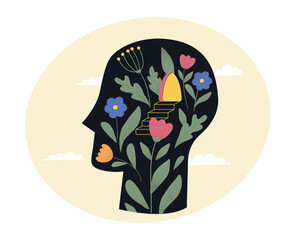 A human profile filled with flowers, leaves, a metaphorical staircase and a doorway. A symbol of creative thinking, flexibility of mind, and imagination.