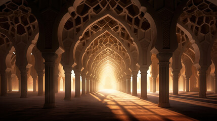 The Serene Tranquility of the Majestic Islamic Archway Illuminated by the Gentle Glow of Arabic Lights, where Birds of Peace Soar Freely in the Hallway of Harmony - obrazy, fototapety, plakaty