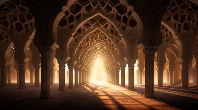 The Serene Tranquility of the Majestic Islamic Archway Illuminated by the Gentle Glow of Arabic Lights, where Birds of Peace Soar Freely in the Hallway of Harmony