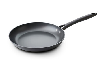 An empty black non-stick pan with a metal handle, isolated on a white background, ready for food preparation in the kitchen.