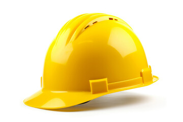 Fototapeta premium A yellow hardhat, a vital piece of safety gear for workers, set against a white background, symbolizing the importance of head protection in construction and manufacturing.