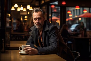 Portrait of a handsome middle-aged man drinking coffee in a pub.