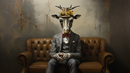 A Giraffe wearing a suit and hat, sitting on a sofa with a concrete wall in the background - obrazy, fototapety, plakaty