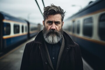 Senior man with long gray beard and mustache on serious face in black coat near train station