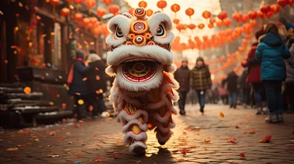 Chinese lion dancing and celebrating the Chinese New Year in the street © hakule
