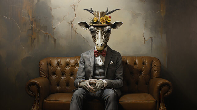 A Giraffe wearing a suit and hat, sitting on a sofa with a concrete wall in the background