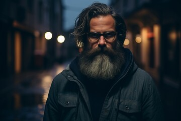 Portrait of a bearded man with glasses and a long beard in the city at night