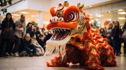 Chinese lion dancing and celebrating the Chinese New Year in shopping mall