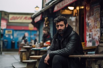 Fototapeta na wymiar Handsome bearded hipster man in a leather jacket sitting at a street cafe in Paris, France