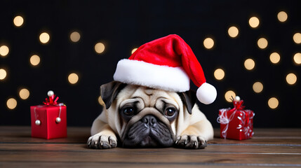 Christmas Dog in Santa hat is lying down on the floor