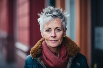 Portrait of senior woman with short hair in the city. Selective focus.