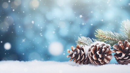 Obraz na płótnie Canvas Christmas snowy winter, cones on a tree, focused close up view