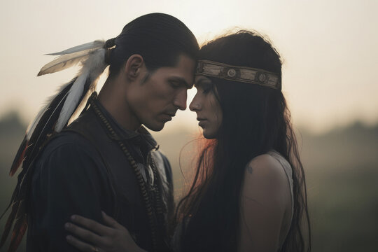 Native American Indigenous Young Couple in Love - Traditional Tribal Outfit - Feather War Bonnet - War foggy sunset - Navajo