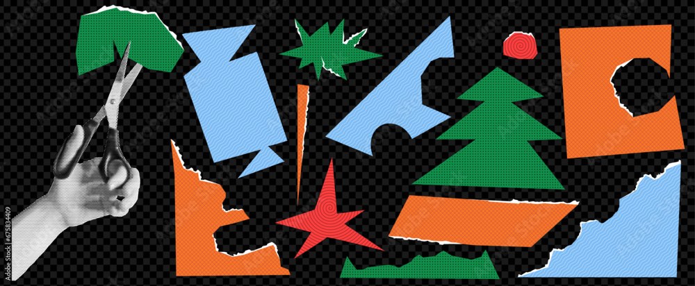 Poster a pack of christmas-themed paper cut-out elements. hand in halftone effect with scissors. new year h