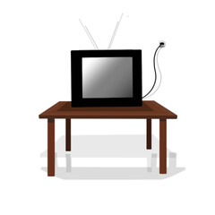a television on a wooden table with a white background