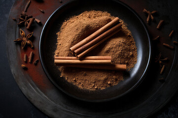 Cinnamon sticks and powder, top view, on the black surface