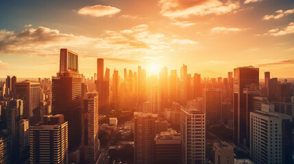 City downtown at sunset, many of the buildings, skyscrapers