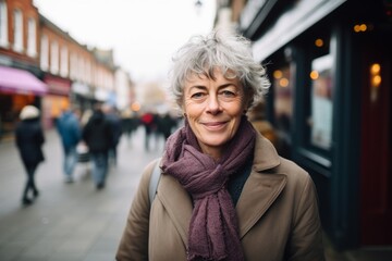 Portrait of smiling senior woman walking in the street of London.