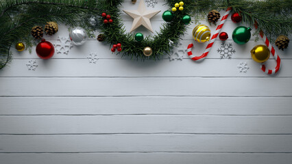 Fototapeta na wymiar Copy Space background with various Christmas decorations on top, 3d rendering