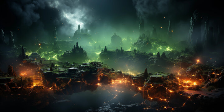 Sch&ouml;ne Landschaft mit fremden Planeten im Universum im Querformat f&uuml;r Banner, ai generativ