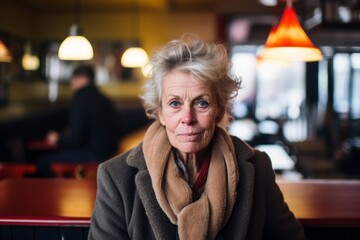 Portrait of senior woman in cafe. Focus on her face.