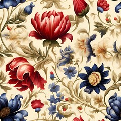 a floral pattern with flowers in blue and red on beige