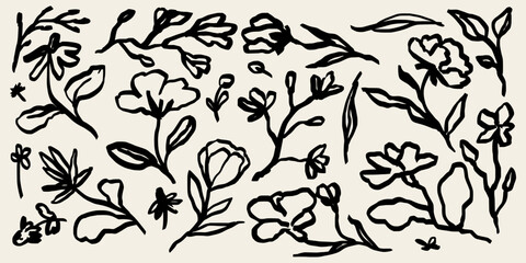 Abstract contemporary flowers with textures. Modern vector illustration. Small hand-drawn flowers set. Wild flowers and plants in charcoal or crayon drawing style. Pencil drawn branches and stems.